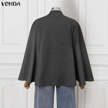 VONDA Autumn Women Capes Elegant Stand Collar Thin Cape Coat Solid Button Poncho OL Work Tops Office Streetwear Party Jackets