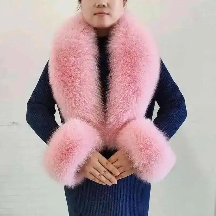 Real Fur Collar And Cuffs Set Winter Coat Accessories Women Fluffy Large Fur Shawl Neak Warm Fox Fur Scarf Furry Scarves Female