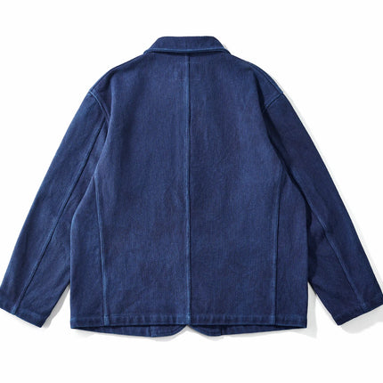 Indigo Blue Dyed Suit Jacket Heavy Sashiko Casual Japanese Retro Washed Coat Jacket