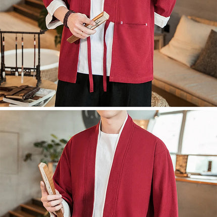 Nuova Camicia Uomo Kimono Giapponese in Cotone e Lino, T-shirt Comoda e Traspirante, Costume da Samurai Tradizionale, Camicia Casual Haori per Uomo