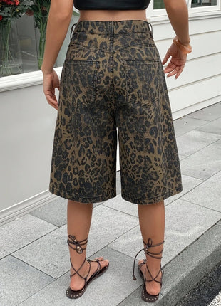 Pantaloncini Bermuda in Denim Vintage con Stampa Leopardata da Donna, a Vita Alta, Gamba Larga, Casual Estivi, Streetwear, Moda Quotidiana