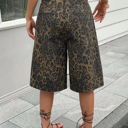 Pantaloncini Bermuda in Denim Vintage con Stampa Leopardata da Donna, a Vita Alta, Gamba Larga, Casual Estivi, Streetwear, Moda Quotidiana