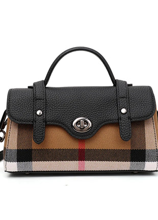 Borsa Mini Boston a Righe e Quadri in Tessuto con Finiture in Ecopelle, Chiusura a Giro e Torsione, Design con Patta, Borsa a Mano da Donna, a Tracolla, Portamonete