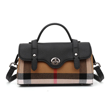 Borsa Mini Boston a Righe e Quadri in Tessuto con Finiture in Ecopelle, Chiusura a Giro e Torsione, Design con Patta, Borsa a Mano da Donna, a Tracolla, Portamonete