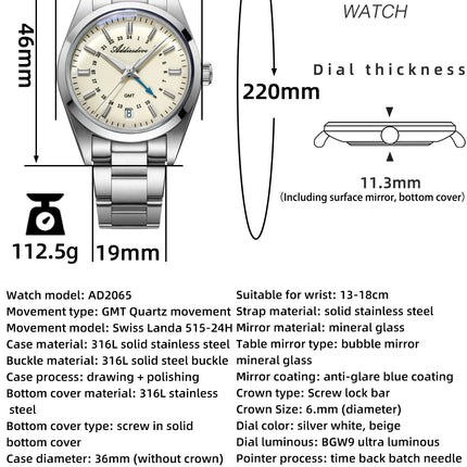 ADDIESDIVE 36mm Stainless Steel GMT Quartz Watch Bubble Mirror Pot Cover Glass 10ATM Dive Luminous Simple Watches For Men