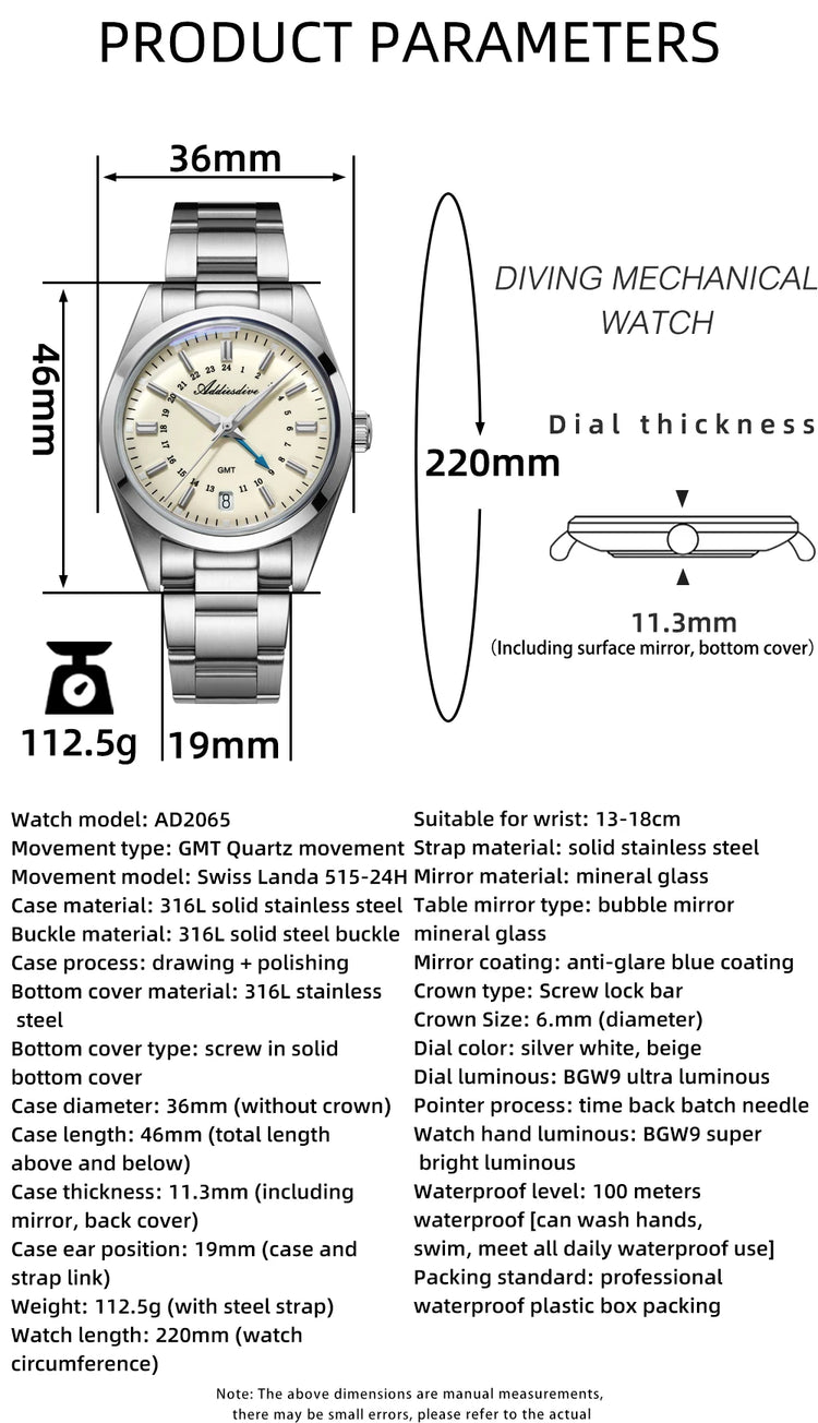ADDIESDIVE 36mm Stainless Steel GMT Quartz Watch Bubble Mirror Pot Cover Glass 10ATM Dive Luminous Simple Watches For Men