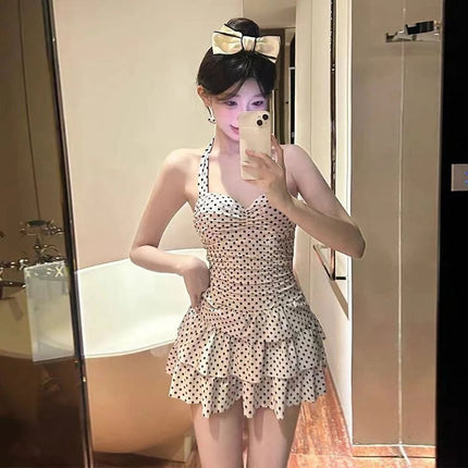 Costume da bagno intero estetico da donna con scollo all'americana, fantasia a pois, corpetto arricciato e gonna a balze, stile Kawaii Lolita platinumshop