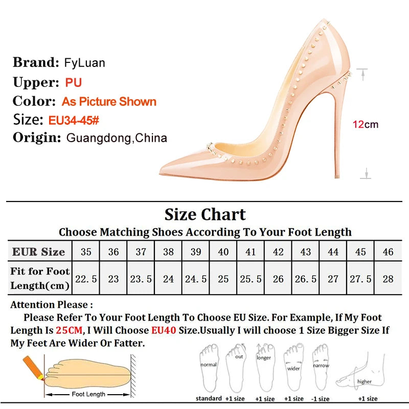 Women 12CM Stiletto Fashion Rivet High Heels Black Red Shallow Mouth Single Shoes Club Party Female Pointy Pumps Plus Size 34-45