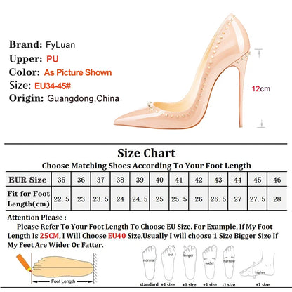Women 12CM Stiletto Fashion Rivet High Heels Black Red Shallow Mouth Single Shoes Club Party Female Pointy Pumps Plus Size 34-45