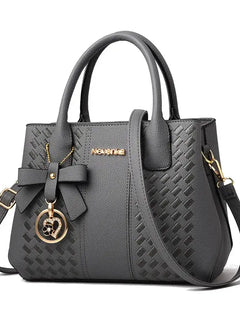 Bow Metal Pendant Top Handle Satchel Crossbody Bag, PU Leather Textured Bag Purse, Classic Versatile Fashion Shoulder Bag