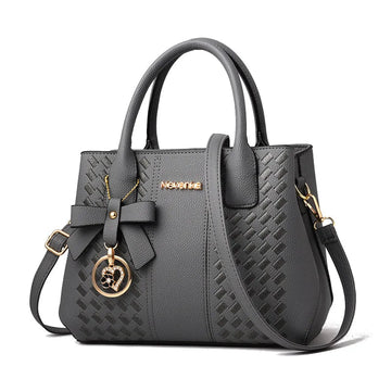 Bow Metal Pendant Top Handle Satchel Crossbody Bag, PU Leather Textured Bag Purse, Classic Versatile Fashion Shoulder Bag PlatiNum