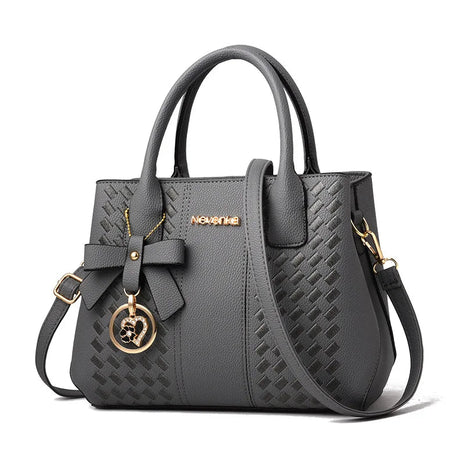 Bow Metal Pendant Top Handle Satchel Crossbody Bag, PU Leather Textured Bag Purse, Classic Versatile Fashion Shoulder Bag PlatiNum