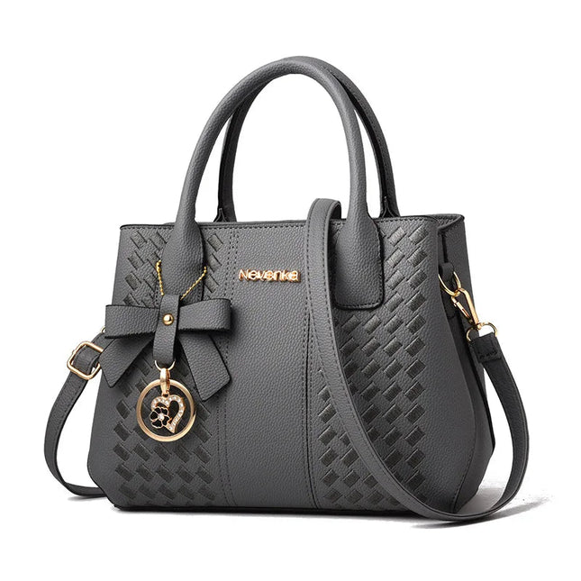 Bow Metal Pendant Top Handle Satchel Crossbody Bag, PU Leather Textured Bag Purse, Classic Versatile Fashion Shoulder Bag PlatiNum