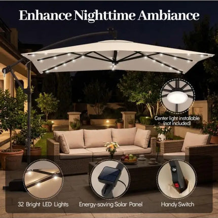Ombrellone da patio a braccio laterale 8x8 piedi quadrati con LED solari e rotazione a 360° °   Rotazione-Beige
