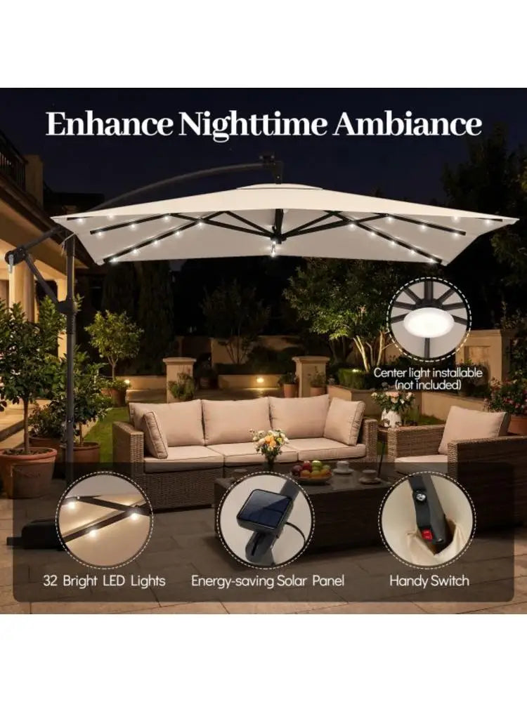 Ombrellone da patio a braccio laterale 8x8 piedi quadrati con LED solari e rotazione a 360° °   Rotazione-Beige