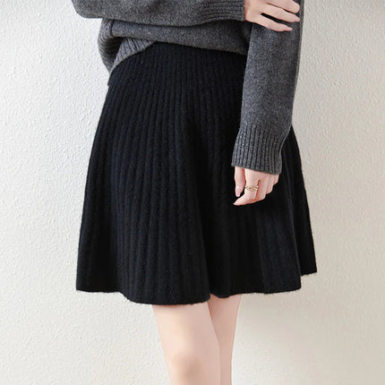 Korean Skirt 100% Merino Wool Women's Knitted Mini Skirt Autumn and Winter Women's Fashion Solid Color Small Umbrella Skirt PlatiNum