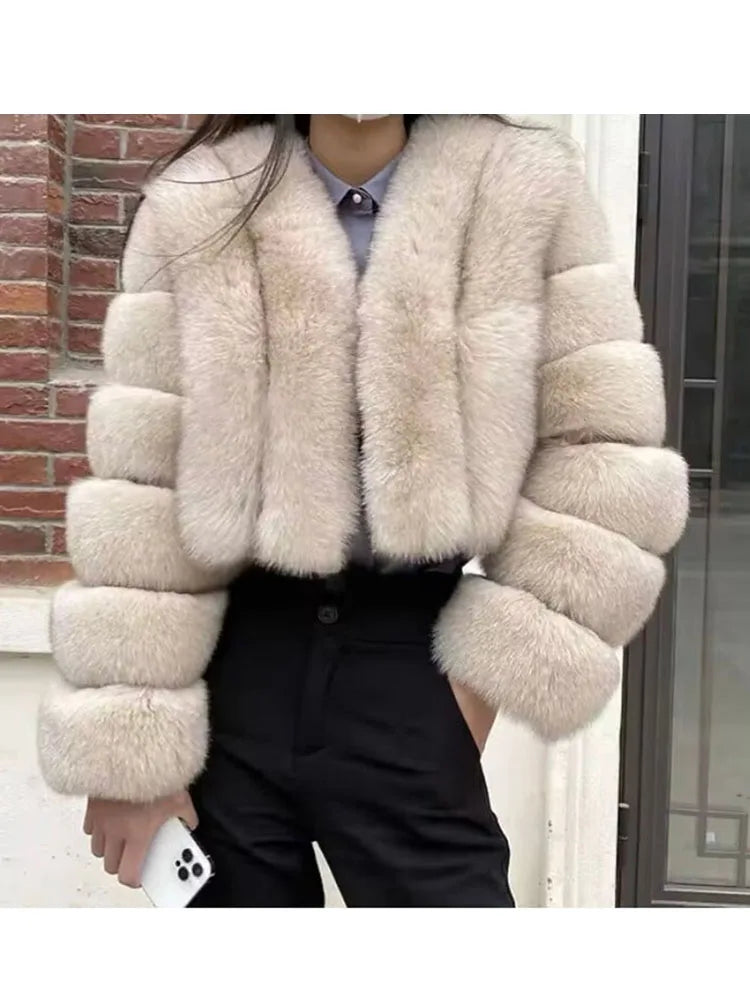 ZADORIN Luxury Cropped White Faux Fox Fur Coat Woman Clothing V Neck Long Sleeve Winter Fluffy Faux Fur Jacket Fur Coats Woman