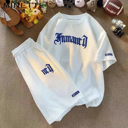 Set di abbigliamento sportivo a maniche corte in seta di ghiaccio estiva casual con waffle transfrontaliero T-shirt da uomo Set di abbigliamento da uomo abbinato platinumshop
