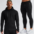Men's Cotton Training Sets Gym Sportswear Zipper Hoodie Casual Sports Hooded 2-piece Top with Pants Black Sweatshirts Sweatpants PlatiNum
