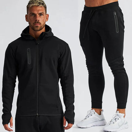 Men's Cotton Training Sets Gym Sportswear Zipper Hoodie Casual Sports Hooded 2-piece Top with Pants Black Sweatshirts Sweatpants PlatiNum