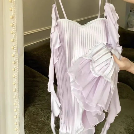 Women's Sexy Soft Chiffon Silk Nightgown with Straps and Pleats, Off-Shoulder Lingerie with Puff Sleeves and Ruched Details, 2026 Collection