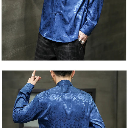 Giacca Tang di alta qualità da uomo camicetta con colletto alla coreana in argento elegante abbigliamento cinese rosso camicie Casual da uomo in raso di seta blu di grandi dimensioni