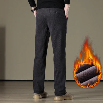 Winter Men Business Fleece Thick Casual Pants Straight Velvet Corduroy Warm Cold Resistant Bottoms Elastic Waist Trousers