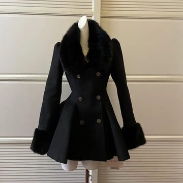 Winter Hepburn Black Fur Collar Woolen Coat French Style Vintage Blends Slim Mid-length Outwear Elegant Lolita Warm Outfits New