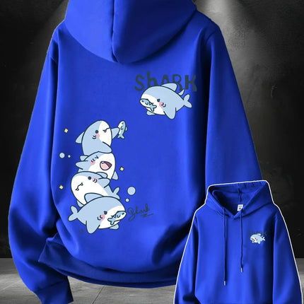 2026 Hoodie men's cute stacked cartoon shark pattern print autumn and winter loose casual pullover sweatshirt