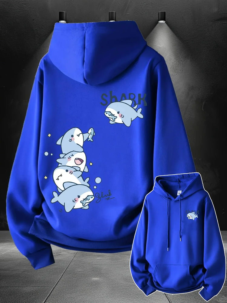 2026 Hoodie men's cute stacked cartoon shark pattern print autumn and winter loose casual pullover sweatshirt
