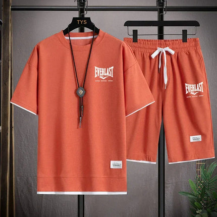 Men's Summer Outfit High Quality Round Neck Men's T-shirt 2-Piece Shorts Set Quick Dry Running Leisure.