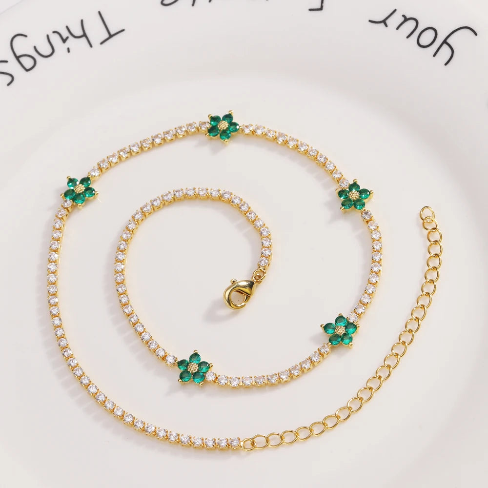 Fiori colorati con zirconi cubici Baguette Catena da tennis Collana girocollo da donna Gioielli hip-hop in ottone per donna Dorato