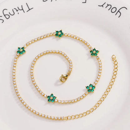 Fiori colorati con zirconi cubici Baguette Catena da tennis Collana girocollo da donna Gioielli hip-hop in ottone per donna Dorato