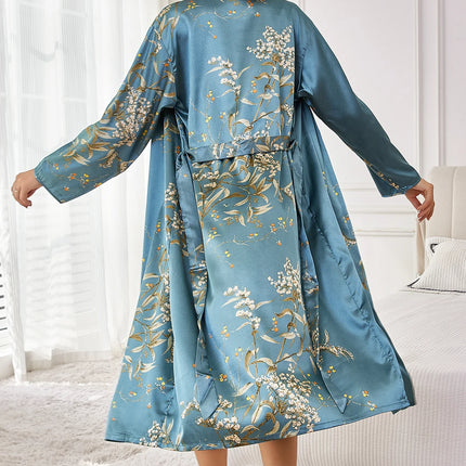 Set di 2 Pezzi: Elegante Pigiama Stampato da Donna con Vestaglia Lunga e Camicia da Notte in Raso, Stampa Casuale, Comodo Abbigliamento per Casa