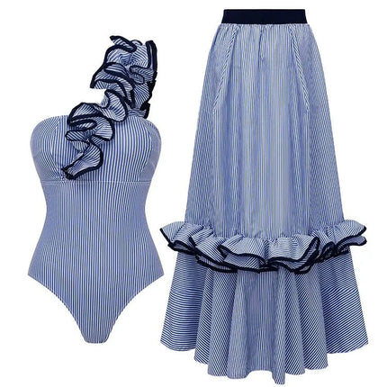 2025 Nuova donna sexy monospalla con volant a righe stampa costume intero e gonna monokini costume da bagno da spiaggia body femminile platinumshop