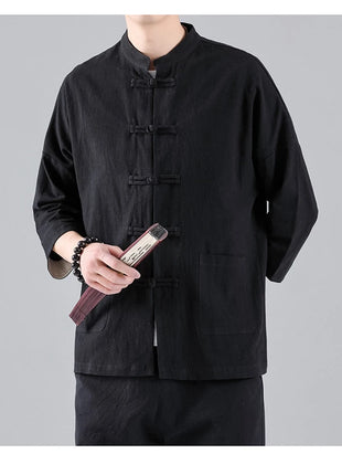 Camicie in Stile Cinese per Uomo, Top Tradizionale Tang in Lino a Mezza Manica, Camicia Kung Fu Hanfu Vintage Casual, Taglie Grandi fino a 5XL