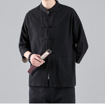 Camicie in Stile Cinese per Uomo, Top Tradizionale Tang in Lino a Mezza Manica, Camicia Kung Fu Hanfu Vintage Casual, Taglie Grandi fino a 5XL
