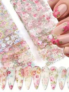 10PCS Mixed Nail Art Foils Transfer Sticker Set Rose Flower Designs Floral Starry Sky Nail Wraps Wedding Summer Manicure Decor 2028