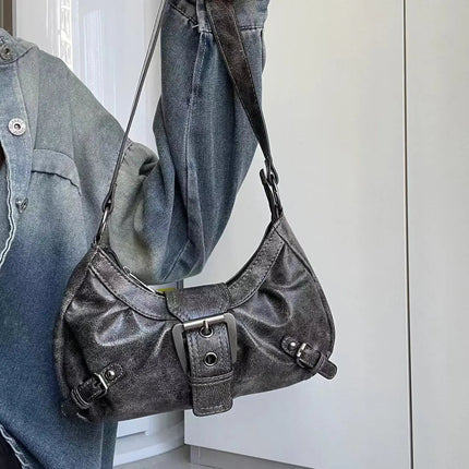 Y2K Vintage Distressed Leather Women Bag Shoulder Bag Maillard Style Underarm Purse Two Tone Crossbody Bag for Women PlatiNum