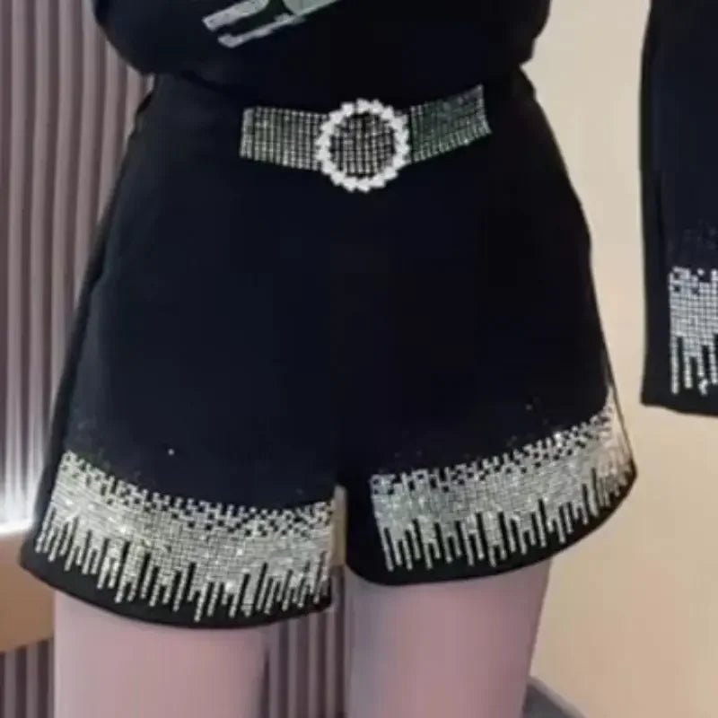 Women Korean Fashion Rhinestone Black High Waist Short Pants Autumn Winter Female Elegant Chic Pockets Slim Thick A-line Shorts