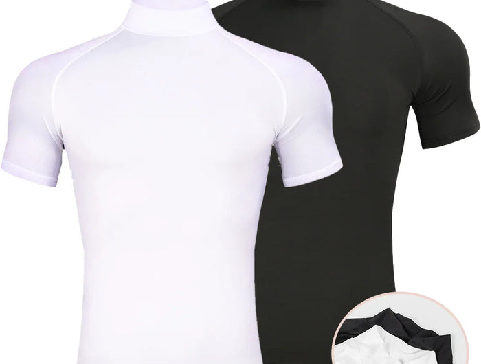 Mens Bodybuilding Sports Tight T-shirt Summer Compression Turtleneck Short Sleeve Gym Fitness Running Quick Dry Male Workout Top PlatiNum
