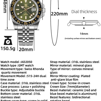 ADDIESDIVE Watch For Man Quartz GMT 20Bar Waterproof BGW9 Super Luminous 316L Stainless Steel Ceramic Bezel Watch