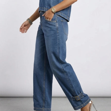 Jeans a Vita Alta e Gamba Larga da Donna, Estate 2026, Stile Retrò Streetwear, Pantaloni in Denim con Fibbie, Casual per il Quotidiano