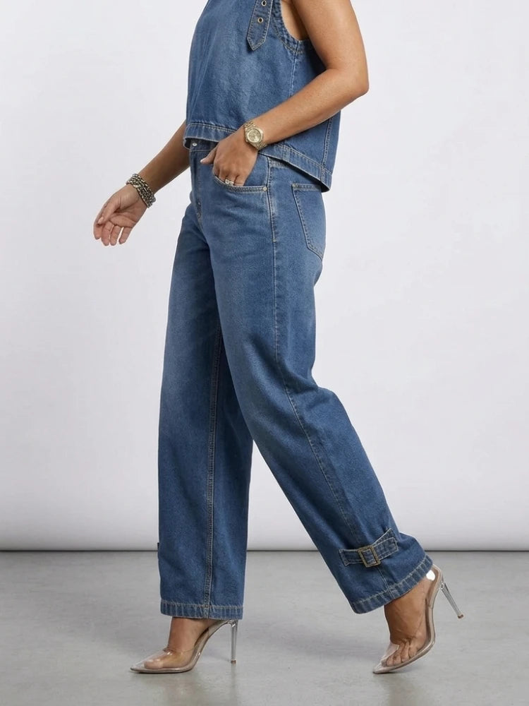 Jeans a Vita Alta e Gamba Larga da Donna, Estate 2026, Stile Retrò Streetwear, Pantaloni in Denim con Fibbie, Casual per il Quotidiano