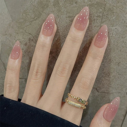 24Pcs Medium Almond Nude‑Pink 3D Textured Metallic Cat‑Eye French Sheer Press‑On False Nails For Nail Art Decor