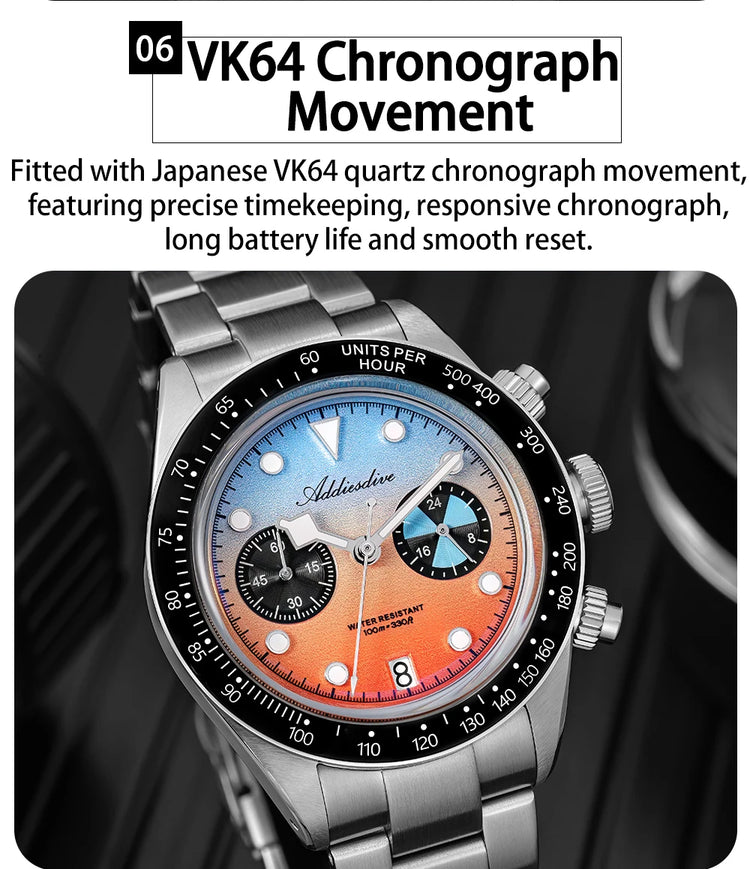 ADDIESDIVE 40mm Quartz Men's Watch AD2559 316L Stainless Steel 100M Water Resistant BGW9 Super Luminous Chronograph