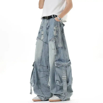 IEFB Jeans da uomo stile americano tinta unita multi tasche pantaloni casual usurati decostruzione pantaloni in denim a gamba larga 9W4066
