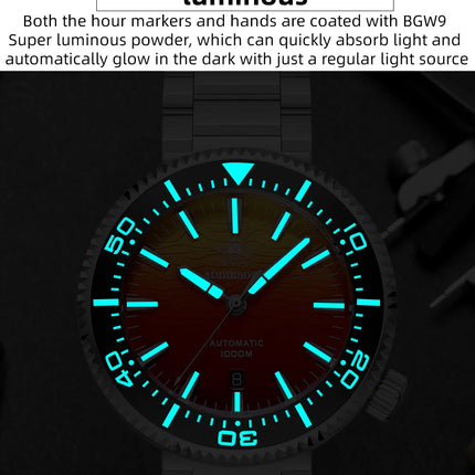 ADDIESDIVE Men Watch 100Bar Diver Fiery Sunset Cloud  8215 Sapphire Glass BGW9 Luminous Reloj Automatic Mechanical Watch AD2526