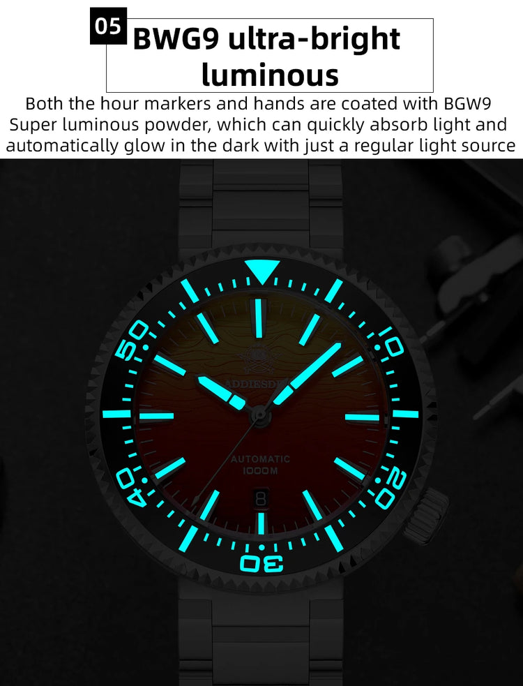 ADDIESDIVE Men Watch 100Bar Diver Fiery Sunset Cloud  8215 Sapphire Glass BGW9 Luminous Reloj Automatic Mechanical Watch AD2526