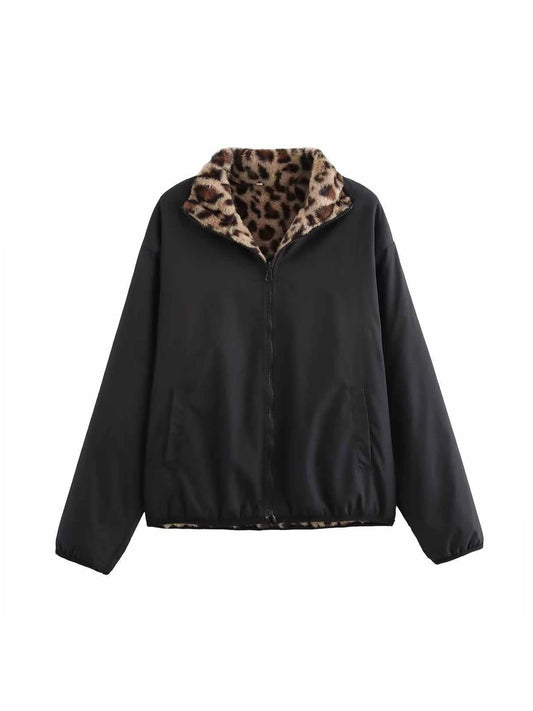 Women's Black Gothic Oversize Fur Leopard Jacket Coat Vintage Harajuku 2000s Emo Aesthetic Long Sleeve Autumn Jacket Outerwear